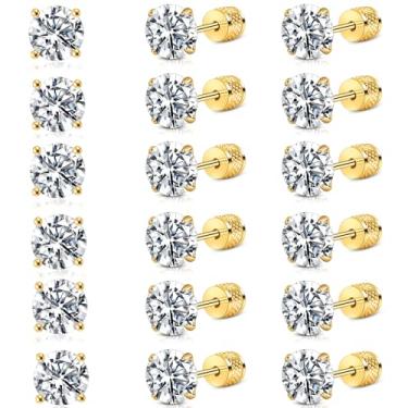 Imagem de ONESING 4/6/12 pares de brincos masculinos de aço inoxidável hipoalergênicos de zircônia cúbica para mulheres e homens, CZ 6mm, Aço inoxidável, Sem pedra preciosa