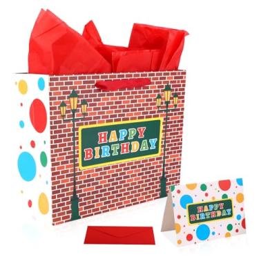 Imagem de Tema Rua Conjunto de Sacolas Presente, Tema Parede Tijolo Vermelho Animado Sacola Lembrancinha de Festa com Papel Seda Envelope e Cartão Cumprimentos para Aniversário Natal Meninos e Meninas