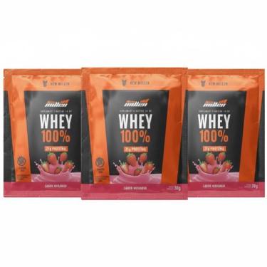 Imagem de Kit 3 whey protein 100% 21g proteina morango sache - NEW MILLEN