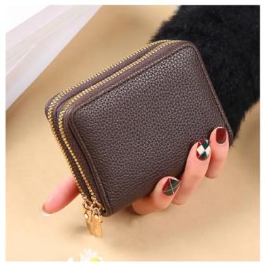 Imagem de Carteira de cartão de crédito, porta-cartões de visita com zíper duplo para mulheres, porta-moedas tamanho compacto, Marrom escuro, Porta-moedas com zíper duplo