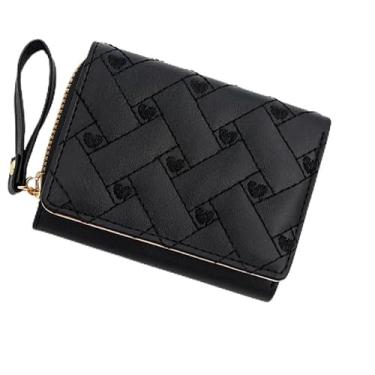 Imagem de Carteira feminina de couro PU pequena, carteira curta dobrável com corda portátil e botão de pressão, Preto, Moda