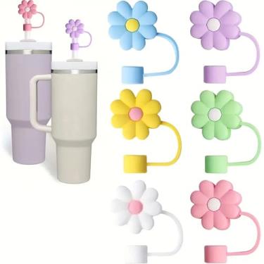 Imagem de 6 peças de capas de canudo de silicone para copo Stanley, tampas de cobertura de 0,4 pol/10 mm de diâmetro, tampas fofas à prova de poeira para copo de 30/1,134 g, acessórios de tampas de canudos