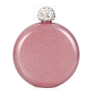 Imagem de Mini frasco redondo portátil feminino, garrafa de viagem compacta revestida com glitter de aço inoxidável 304, vermelho claro redondo garrafa de álcool portátil de aço inoxidável com tinta brilhante