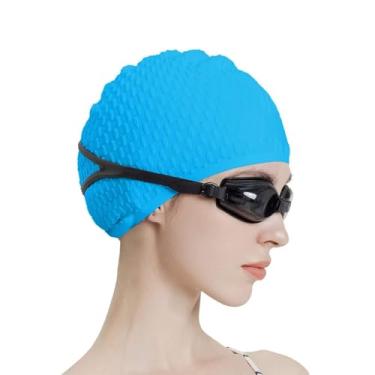 Imagem de Touca de natação de silicone para cabelos cacheados curtos e médios, touca de natação para homens e mulheres (azul)