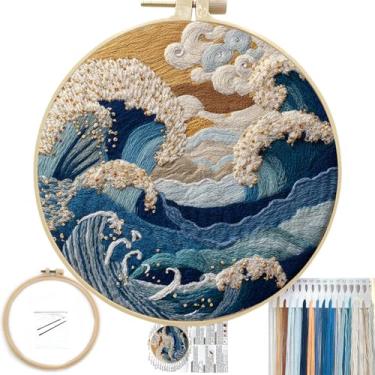 Imagem de FONNUY Kit de bordado para iniciantes, flores de ondas do mar tempestuosas, kits de padrões pré-estampados para adultos com argola, costura de linha colorida fácil de seguir, argola de 20 cm (ouro)