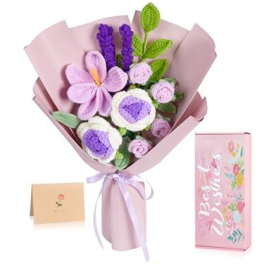 Imagem de NUKAYAI Buquê de flores de crochê, feito à mão, tulipas tricotadas, buquê de rosas para Dia de Ação de Graças, Natal, festa de aniversário, decoração de casa, casamento para mulheres amigas (roxo)