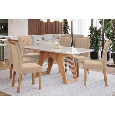 Imagem de Kit Mesa Carol C- Tampo Vidro 180cm + 6 Cadeiras Nature Off White Madeira Nude