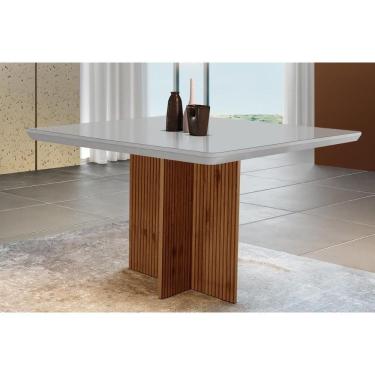 Imagem de Mesa de Sala Jantar Berlim + Tampo Madeirado Vidro Curvo 90x90cm Off White/Imbuia Ripado-Vidro Off White - Rufato