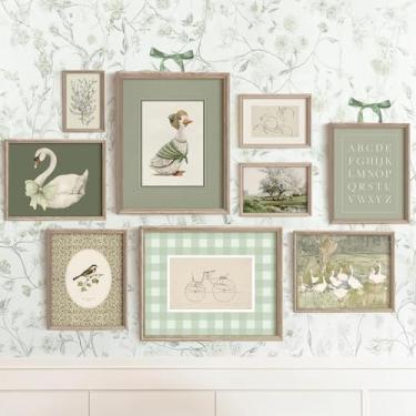 Imagem de Vodefoad Conjunto de arte de parede de berçário verde sálvia vintage fofo infantil decoração de quarto de bebê menina decoração de quarto de menina cisne coelho noiva pato pintura em tela retrô antigo