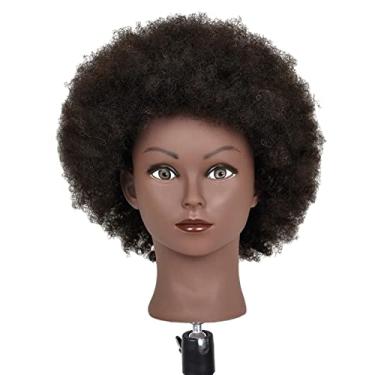 Imagem de barenx Boneca de treino de cabelo cabeça de manequim de treinamento afro com grampo, cabelo humano real, grosso, pode permanente, alvejante, corte e sopro - preto claro afro