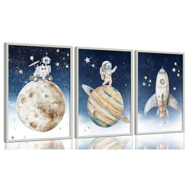 Imagem de 3 peças de arte de parede de berçário espacial impressões de astronautas em aquarela espaço astronautas arte para meninos meninas quarto de crianças foguetes decoração de parede explorar sonho galáxia