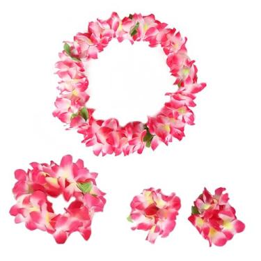 Imagem de Wiratca 4 peças de Leis rosa havaiana com folhas verdes, Leis para festa de luau, festa de dança Hula, conjunto de flores rosa, adereços para fotos, festas, casamentos e eventos ao ar livre