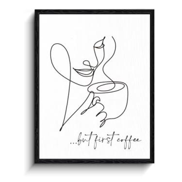 Imagem de Arte de parede com citação de café, mas primeira mensagem de café, decoração de parede de linha minimalista, impressão em tela emoldurada com acabamento fosco, arte de pôster de café bar, para