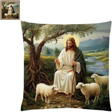 Imagem de Lovxvouy Kits de ponto cruz de travesseiro para adultos iniciantes - kit de ponto de agulha pré-impresso kits de ponto cruz 11CT kit de pontos de cruz kits de bordado - Jesus Shepherd 45,7 x 45,7 cm