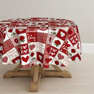Imagem de Horaldaily Toalha de mesa redonda para dia dos namorados, 177 x 177 cm, estampa de patchwork, rosa, vermelho, coração, búfalo, xadrez, lavável, para decoração de festa, piquenique, jantar