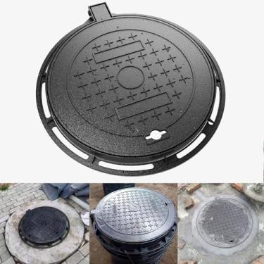 Imagem de Tampa de bueiro e moldura de ferro fundido, tampa de tanque séptico B125 resistente de 61 cm com base, tampa redonda de pia de esgoto, capa de inspeção de metal preto, capa de pia de esgoto reforçada