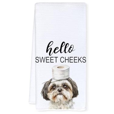 Imagem de Qnhij Toalhas de mão engraçadas de banheiro Shih Tzu, decoração de banheiro Hello Sweet Cheeks, presentes para amantes de cães Shih Tzu, toalhas de mão decorativas para banheiro, banheiro, 40,6 x 61