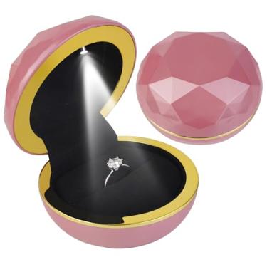 Imagem de KEISIMI Caixa de anel com luz, caixa de anel de casamento de veludo redonda luxuosa caixa de presente de joias com luz LED para noivado casamento - rosa