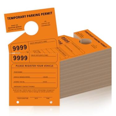 Imagem de 500 etiquetas laranja para pendurar com permissão de estacionamento, 2 partes, 19 x 10 cm, etiquetas para pendurar no espelho, etiquetas para pendurar no carro, bilhetes de estacionamento, etiquetas