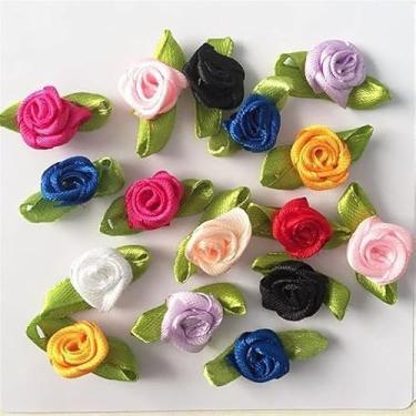 Imagem de 100 peças de enfeites multicoloridos de flores de rosa, acabamento de rosas de cores mistas e para decoração de saia, botões de rosa de tecido acetinado com acabamento de folhas e enfeites, fitas