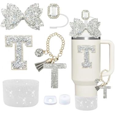 Imagem de Liangang Conjunto de acessórios para copos Stanley de prata, 7 peças, decorações de iniciais para copo Stanley 850 g/1,134 g, inclui tampa de canudo de joia, tampa à prova de derramamento, pingente de