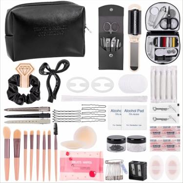 Imagem de Kit de emergência nupcial para o dia do casamento, conjunto de sobrevivência essencial de casamento para noiva em equipe, 50 peças essenciais kit de viagem com bolsa de maquiagem (preto)