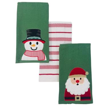 Imagem de Serafina Home Toalhas de mão para pratos de cozinha de Natal – Conjunto de 3 bonecos de neve 100% algodão, verde, vermelho e branco, listras de bengala doce e desenhos de Papai Noel – 66 x 40 toalhas