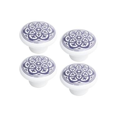 Imagem de Kit 4 Puxador Porcelana Cerâmica Gaveta Armário Preto Mandala (Branco/Azul - MPPON112)