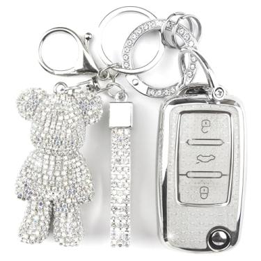 Imagem de Rayslesan Linda capa de chaveiro com pingente de urso de strass, capa inteligente de TPU para mulheres, compatível com VW Tiguan Passat Polo MK5 Touran Jetta Beetle Golf Santana Scirocco Eos (3 botões