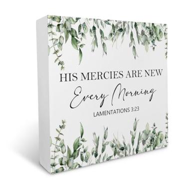 Imagem de Ku-Dayi Placa de caixa de madeira cristã, versículo da Bíblia, His Mercies are New Every Morning Scripture Decorações de caixa de madeira para quarto de igreja, escritório, placa de bloco de madeira