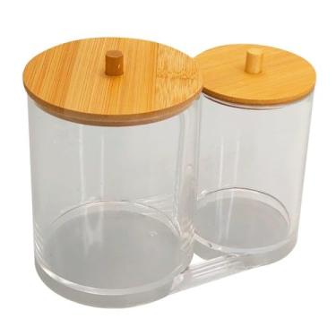 Imagem de Organizador Duplo de Vidro com Tampa de Bambu, Recipiente para Algodão e Cotonetes, Transparente, 2 Compartimentos
