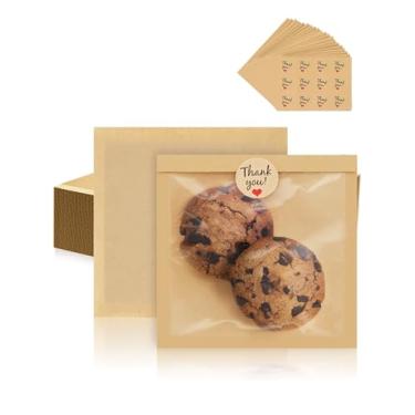 Imagem de FireKylin Pacote com 100 sacos de biscoito com vedação térmica, sacos de padaria de 17 x 19 cm com janela, embalagem de biscoito resistente a gordura para guloseimas, assados, bagel, fatia de bolo