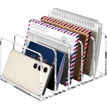 Imagem de BEYGORM Suporte de correio de acrílico, organizador de mesa multifuncional transparente com divisória, classificador vertical de letras para mesa, 5 compartimentos, organizador de envelopes modernos