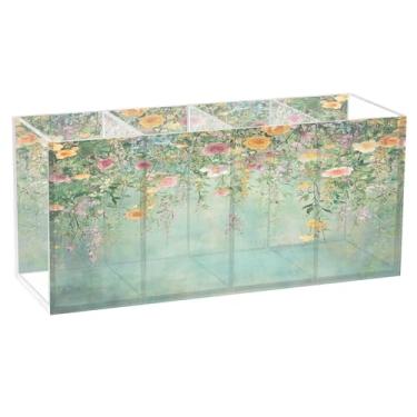 Imagem de SEHANY Porta-canetas de acrílico com flores silvestres coloridas, 4 compartimentos, porta-lápis transparente, organizador de pincéis de maquiagem, organizador de papelaria para escritório, casa