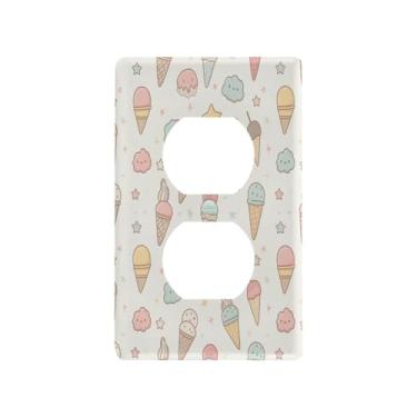 Imagem de Blueangle Placa de parede de tomada dupla com padrão de sorvete, tamanho padrão, placas de cobertura de tomada elétrica de 1 gangue para decoração de quarto de escritório em casa, 493 x 2,76 polegadas