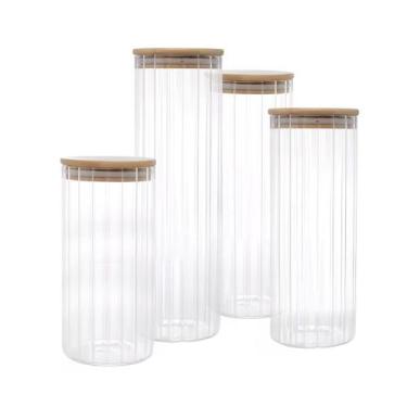 Imagem de Kit Pote Porta Mantimento Vidro Canelado tampa de Bambu 4pçs - Casa Ra