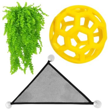 Imagem de ZHLKHIOP Pacote com 3, acessórios de tanque de bola Python, acessórios de caixa de cobra com rede preta e bola oca amarela, brinquedos de enriquecimento de habitat de répteis para escalada e