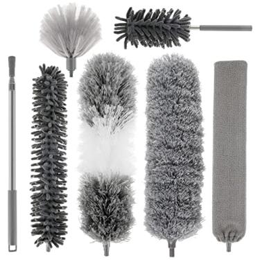 Imagem de 7 peças de espanadores de microfibra para limpeza, espanador de teia de aranha dobrável reutilizável com haste de extensão de 40 cm a 215 cm, espanadores extensíveis laváveis, kit de espanador de