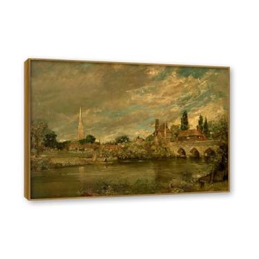 Imagem de Moldura de teca. Arte em tela romantismo estilo constable (paisagem 46), pintura de paisagem inglesa emoldurada, decoração de parede elegante para sala de estar escritório. 50 x 70 cm - 19,6 x 27,5