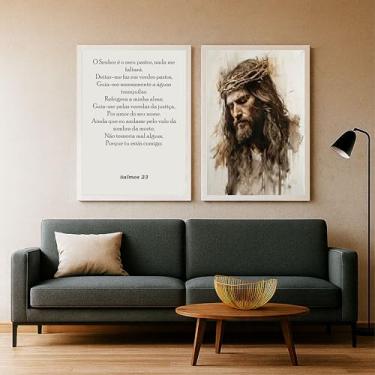 Imagem de Quadro Decorativo Duo Religioso Jesus Cristo Salmos 23 com Moldura, para Sala e Quarto (Moldura Branca, 70x50)