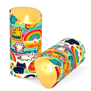 Imagem de Blueangle Pacote com 2 velas fofas de gato sem chama com controle remoto e temporizador, velas LED cintilantes (7,6 cm x 15 cm) para decoração de casa, casamento, acampamento (381)