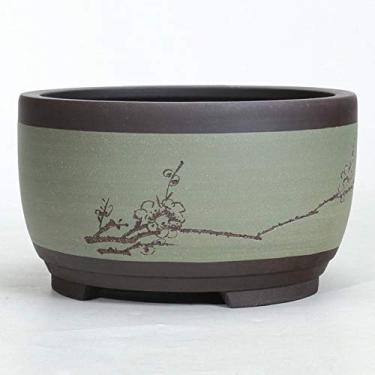Imagem de uhyOHF Bonsai Vaso de flores de cerâmica redondo grande, médio e pequeno vaso de bonsai verde vaso de plantas em forma de tambor estilo chinês bacia de ventilação redonda vaso decorativo para plantas