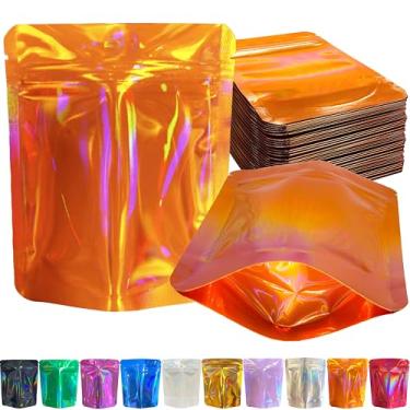 Imagem de YINGZON Pacote com 100 sacos Mylar premium à prova de cheiro, sacos de armazenamento resseláveis com impressão holográfica frente e verso, sacos de embalagem de alumínio de 12,7 x 10 cm. (Laranja)