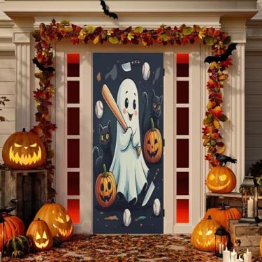 Imagem de Wassud Capa para porta de Halloween 91 x 242 cm decoração de taco de beisebol fantasma grande, faixa elástica para porta interna para varanda e porta da frente