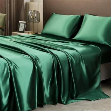 Imagem de XLCZMYL Conjunto de lençol e fronha de cetim de cor sólida, conjunto de cama luxuoso com brilho sedoso, tamanho solteiro/casal/queen/king, verde escuro, 3 peças