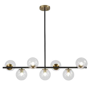 Imagem de Lustre de latão preto para iluminação de ilha de cozinha, luminária pendente de 7 luzes com cúpulas de vidro transparente para sala de jantar, lustre moderno linear estilo Sputnik para ilha
