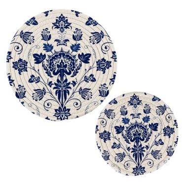 Imagem de Wassud Conjunto de trivet padrão floral azul para pratos quentes, suportes redondos de panela, almofadas quentes de algodão, porta-copos resistentes ao calor para decoração de cozinha, bancada, 2