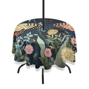 Imagem de CEBUGI Toalha de mesa redonda para uso externo, borboleta, flor, impermeável, com furo Umberlla, capa de mesa lavável para pátio, cozinha, sala de jantar, 152 cm