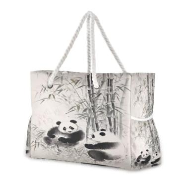 Imagem de Wassud Bolsa de praia grande para mulheres, pintura a tinta de panda feliz, à prova d'água, à prova de areia, bolsa de viagem com zíper e bolso para piscina, academia, acampamento