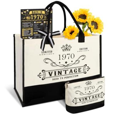 Imagem de YeohJoy Presentes de aniversário de 55 anos para mulheres, bolsa de lona, equipamento de viagem, presentes exclusivos de 55 anos para mãe, tia, avó, amigas, esposa, irmã, ela, bolsa vintage de 1970